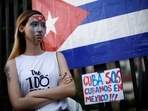 Anilet Ramirez from Cuba takes part in a protest against the Cuban government in front of the offices of the International Organization for Migration (IOM) in Ciudad Juarez, Mexico
