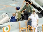 Prime Minister Narendra Modi in MiG-29K cockpit onboard INS Vikramaditya in June 2014. Prime Minister Narendra Modi in MiG-29K cockpit onboard INS Vikramaditya in June 2014.