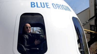 Amazon and Blue Origin founder Jeff Bezos addresses the media about the New Shepard rocket booster and Crew Capsule mockup at the 33rd Space Symposium in Colorado Springs, Colorado, United States. (REUTERS)