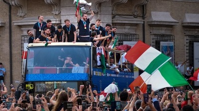 Italy’s players celebrate their victory at the Euro 2020 championships n Rome. Italy beat England 3-2 in a penalty shootout after a 1-1 draw. (AP) Italy’s players celebrate their victory at the Euro 2020 championships n Rome. Italy beat England 3-2 in a penalty shootout after a 1-1 draw. (AP)