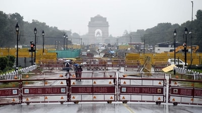 A view of the Central Vista construction site during rains near India Gate at Rajpath in New Delhi. (HT Photo) A view of the Central Vista construction site during rains near India Gate at Rajpath in New Delhi. (HT Photo)