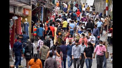 A market in Shimla packed with visitors on July 3. Himachal Pradesh saw a heavy influx of tourists from Punjab, Haryana and Delhi since the middle of June when the state government relaxed the Covid-19 restrictions. (Deepak Sansta/HT) A market in Shimla packed with visitors on July 3. Himachal Pradesh saw a heavy influx of tourists from Punjab, Haryana and Delhi since the middle of June when the state government relaxed the Covid-19 restrictions. (Deepak Sansta/HT)