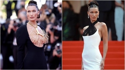 Bella Hadid stopped the press and gave the 74th Cannes Film Festival two of its best-dressed looks as she walked the red carpet for film festival taking place at the resort town on the French Riviera, She wore a deep-cut Schiaparelli dress and a vintage Jean Paul Gaultier column gown. (Instagram/@bellahadid, Instagram/@schiaparelli) Bella Hadid stopped the press and gave the 74th Cannes Film Festival two of its best-dressed looks as she walked the red carpet for film festival taking place at the resort town on the French Riviera, She wore a deep-cut Schiaparelli dress and a vintage Jean Paul Gaultier column gown. (Instagram/@bellahadid, Instagram/@schiaparelli)