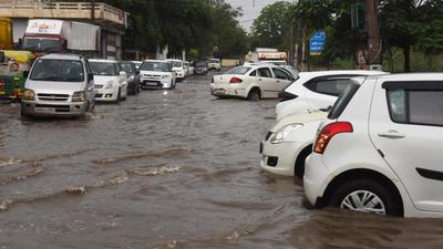 Waterlogging on a stretch near Hero Honda Chowk on Tuesday. (Vipin Kumar/HT PHOTO) Waterlogging on a stretch near Hero Honda Chowk on Tuesday. (Vipin Kumar/HT PHOTO)