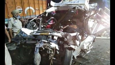 The mangled remains of Mahindra pickup after the crash in Dasuya.