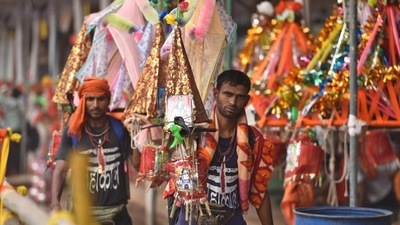 The Kanwar Yatra is an annual pilgrimage that devotees of Lord Shiva undertake during the monsoon in the Hindu holy month of Shravan (July) to fetch the holy waters of the Ganga from Haridwar in Uttarakhand. Most of the pilgrims, called kanwarias, travel on foot. (Sanchit Khanna/HT File)