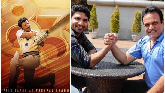 (Left) Jatin Sarna as Yashpal Sharma in a poster of 83 and (right) the two during the film's prep. (Left) Jatin Sarna as Yashpal Sharma in a poster of 83 and (right) the two during the film's prep.
