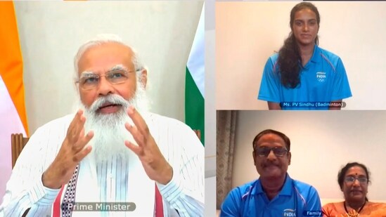 Prime Minister Narendra Modi during the interaction with Indian athletes' contingent bound for Tokyo Olympics, via video conferencing in New Delhi.(PTI)