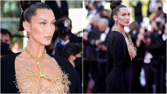 Bella rounded off her look with strappy embellished pumps, rhinestone adorned earrings and a matching ring. She tied her tresses in a sleek top bun with a section of her locks left open in the back.(Instagram)