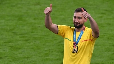 Italy's Gianluigi Donnarumma celebrates after winning Euro 2020 (Pool via REUTERS)
