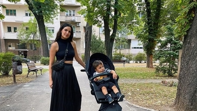 In another recent picture Natasa wore a black sleevless crop top with a black pleated skirt and cross body bag. (Instagram) In another recent picture Natasa wore a black sleevless crop top with a black pleated skirt and cross body bag. (Instagram)