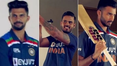 Ruturaj Gaikwad (L), Nitish Rana (C), Devdutt Padikkal (R) during Team India's photoshoot. (BCCI / Twitter)