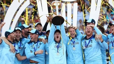 England captain Eoin Morgan lifts the ICC World Cup trophy during the Final of the ICC Cricket World Cup 2019 between New Zealand and England at Lord's Cricket Ground on July 14, 2019 in London, England. (Getty Images) England captain Eoin Morgan lifts the ICC World Cup trophy during the Final of the ICC Cricket World Cup 2019 between New Zealand and England at Lord's Cricket Ground on July 14, 2019 in London, England. (Getty Images)