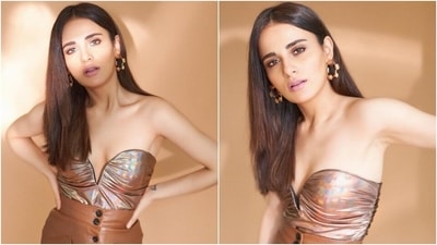 Radhika Madan in metallic bustier and leather skirt glams up for stunning shoot (Instagram/@sukritigrover) Radhika Madan in metallic bustier and leather skirt glams up for stunning shoot (Instagram/@sukritigrover)