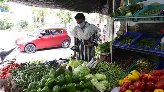 A woman buying vegetables from a shop in Ludhiana’s BRS Nagar on Wednesday. (Harsimar Pal Singh/Hindustan Times) A woman buying vegetables from a shop in Ludhiana’s BRS Nagar on Wednesday. (Harsimar Pal Singh/Hindustan Times)