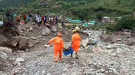 NDRF personnel continues rescue operations following flash floods at Boh village.(ANI)