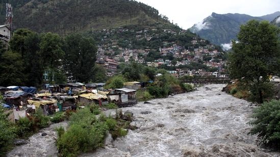 The river Beas in spate due to heavy rains, in Kullu on July 12. While Delhi was found itself waiting for the monsoon longer than usual, heavy rains in the northern states over recent days triggered landslides and flash floods that destroyed homes, damaged roads and swept away cars.(Aqil Khan / HT Photo)
