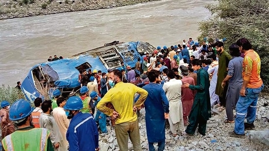 The wreckage of the bus after it plunged into a ravine.(AFP) The wreckage of the bus after it plunged into a ravine.(AFP)