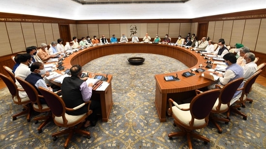 Prime Minister Narendra Modi chairs the first in-person Union Cabinet meeting since April 2020, in New Delhi on Thursday.(PTI)