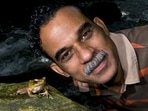 Amphibian biologist Sathyabhama Das Biju with a golden-backed frog in the Western Ghats. In addition to discovering 105 species so far, Biju has conducted research that proved groundbreaking. He was instrumental in differentiating between the golden-backed frogs in India and those in Sri Lanka, for instance. After a decade-long survey in the Western Ghats and Sri Lanka, analysing DNA and morphology, Biju concluded that were no golden-backs that were common to both countries. Sri Lanka has one species and the Western Ghats has six, each existing in their own narrow geographies.(Courtesy SD Biju)