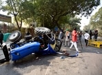 An overturned tractor after an accident during the farmers’ tractor rally near ITO on Republic Day, in New Delhi. 