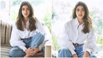 Navya Naveli Nanda posed in a white shirt and frayed denims. Navya Naveli Nanda posed in a white shirt and frayed denims.
