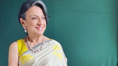 Tanuja looked like the epitome of grace in the shamo satin saree with digital print by designer Sameera Dalvi's brand Moresha. (Instagram) Tanuja looked like the epitome of grace in the shamo satin saree with digital print by designer Sameera Dalvi's brand Moresha. (Instagram)
