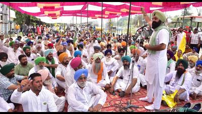 Farmers during a protest in Ludhiana on Thursday.