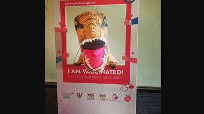 The image shows Instagram user Kenny Sia wearing a T-Rex costume. (Instagram/@kennysia)