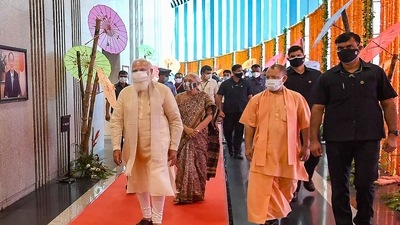 Prime Minister Narendra Modi visits after inaugurating the International Cooperation and Convention Centre - Rudraksh, in Varanasi. (PTI Photo)