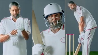Kapil Dev with gloves, helmet and a bat is gold. (Twitter/Screengrab) Kapil Dev with gloves, helmet and a bat is gold. (Twitter/Screengrab)