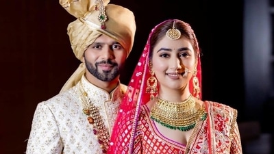 Rahul also wore a gold safa kamarband gath joda with gota details and custom juttis that features intricate heavy embroidery all over them. (Instagram/IsraniPhotography) Rahul also wore a gold safa kamarband gath joda with gota details and custom juttis that features intricate heavy embroidery all over them. (Instagram/IsraniPhotography)