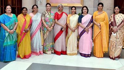 Union minister of finance Nirmala Sitharaman and union minister for women & child development Smriti Irani along with newly appointed women Cabinet ministers in New Delhi. (ANI) Union minister of finance Nirmala Sitharaman and union minister for women & child development Smriti Irani along with newly appointed women Cabinet ministers in New Delhi. (ANI)