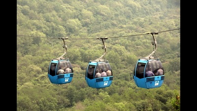 People travel through the ropeway service from Pirkho to Mahamaya in Jammu on Friday. (PTI) People travel through the ropeway service from Pirkho to Mahamaya in Jammu on Friday. (PTI)