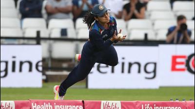 India's Harleen Deol took a stunning catch to dismiss England’s Amy Jones during the 1st T20I at Northampton. (Action Images via Reuters) India's Harleen Deol took a stunning catch to dismiss England’s Amy Jones during the 1st T20I at Northampton. (Action Images via Reuters)