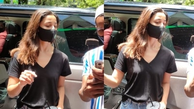Alia Bhatt was seen outside a dubbing studio with a fan on Thursday. (Varinder Chawla) Alia Bhatt was seen outside a dubbing studio with a fan on Thursday. (Varinder Chawla)