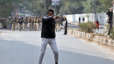 Gopal earlier grabbed headlines when he brandished a gun during an anti-CAA protest, even firing at protesters in Delhi’s Jamia area in January last year. (REUTERS) Gopal earlier grabbed headlines when he brandished a gun during an anti-CAA protest, even firing at protesters in Delhi’s Jamia area in January last year. (REUTERS)