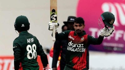 Liton Das celebrates his century. (AP)