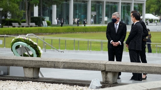 International Olympic Committee President Thomas Bach visits Hiroshima Memorial Cenotaph during his visit Friday, July 16, 2021, in Hiroshima, western Japan.(REUTERS)