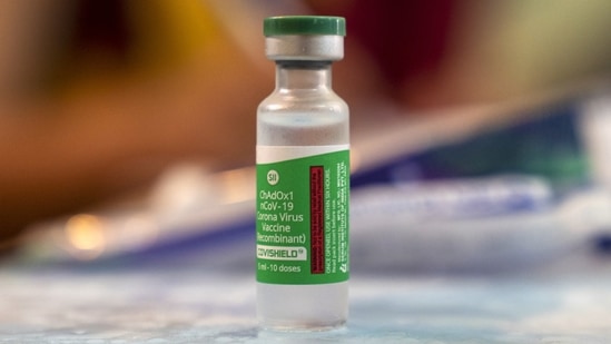A vial of the Covishield Covid-19 vaccine, developed by Oxford-Astrazeneca Plc. and manufactured by Serum Institute of India Ltd., at a vaccination center set up at a school in Dharamshala, Himachal Pradesh. (Bloomberg)