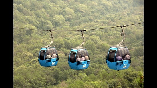 People travel through the ropeway service from Pirkho to Mahamaya in Jammu on Friday. (PTI) People travel through the ropeway service from Pirkho to Mahamaya in Jammu on Friday. (PTI)