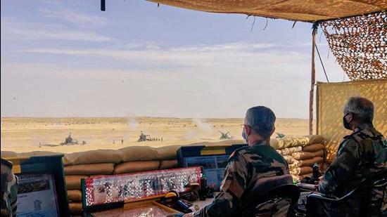 Chief of Army Staff General MM Naravane during his visit to Jaisalmer military station on Thursday. (PTI)