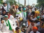Bharatiya Kisan Union (BKU) leader Rakesh Tikait and other farmers on their way to the Sirsa Superintendent of Police (SP) office as part of a protest over sedition and attempt to murder cases against 100 farmers for a July 13 protest, in Sirsa, Haryana. (Manoj Dhaka/Hindustan Times)) Bharatiya Kisan Union (BKU) leader Rakesh Tikait and other farmers on their way to the Sirsa Superintendent of Police (SP) office as part of a protest over sedition and attempt to murder cases against 100 farmers for a July 13 protest, in Sirsa, Haryana. (Manoj Dhaka/Hindustan Times))