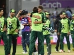 Pakistan players celebrate after their win in the first Twenty20 international cricket match between England and Pakistan at Trent Bridge in Nottingham, Friday, July 16, 2021.