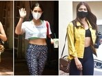 Sara Ali Khan and Janhvi Kapoor were clicked by the paparazzi exiting the gym in Mumbai today. Pooja Hegde was also spotted outside the gym. The three divas looked incredible in their workout attire and gave us gym fashion goals.(Varinder Chawla)