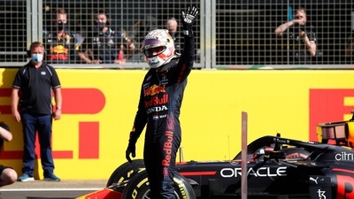 Red Bull's Max Verstappen celebrates after winning sprint qualifying. (REUTERS)
