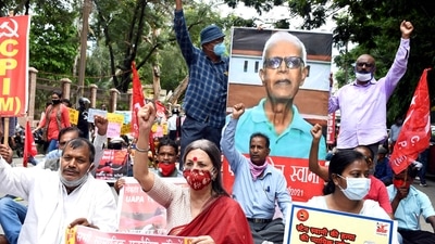 CPI (M) leader Brinda Karat with others holding placards shout slogans during a protest demanding justice for Father Stan Swamy near Raj Bhavan, in Ranchi on Thursday. (ANI Photo)