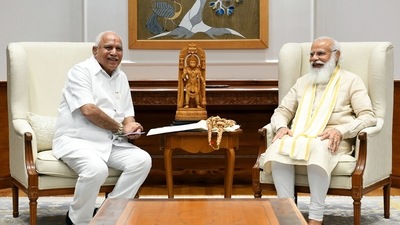 Karnataka CM BS Yediyurappa calls on Prime Minister Narendra Modi, in New Delhi on Friday. (ANI Photo) Karnataka CM BS Yediyurappa calls on Prime Minister Narendra Modi, in New Delhi on Friday. (ANI Photo)