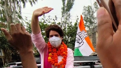 Congress General Secretary Priyanka Gandhi waves to supporters on her arrival at Bakshi Ka Talab, in Lucknow on Saturday. (ANI Photo) Congress General Secretary Priyanka Gandhi waves to supporters on her arrival at Bakshi Ka Talab, in Lucknow on Saturday. (ANI Photo)