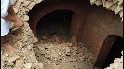 Centuries old structures found during excavation on the premises of Golden Temple complex in Amritsar. (HT FIL)